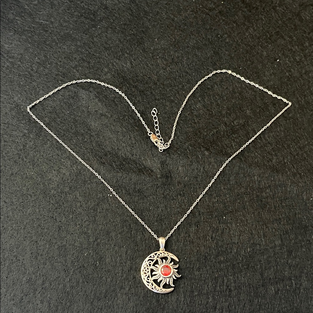 Elegant Silver Moon and Red Sun Pendant Necklace